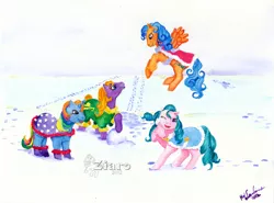 Size: 900x666 | Tagged: artist:z1ar0, banana surprise, blue belle, boots, clothes, derpibooru import, g1, safe, snow, starflower, tap dancer, traditional art, winter