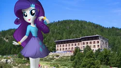 Size: 1920x1080 | Tagged: safe, artist:bastbrushie, derpibooru import, rarity, human, equestria girls, bracelet, car, clothes, cutie mark on clothes, equestria girls in real life, female, hotel, irl, jewelry, mountain, photo, solo, tree, vector