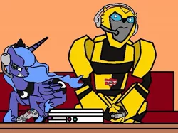 Size: 638x478 | Tagged: artist:dieguinprimexd, bumblebee, crossover, gamer luna, princess luna, safe, transformers, transformers animated