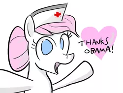 Size: 640x485 | Tagged: safe, artist:paper-pony, derpibooru import, nurse redheart, earth pony, pony, barack obama, dialogue, heart, looking at you, open mouth, politics, smiling, solo, thanks obama