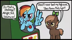Size: 1024x580 | Tagged: arcade game, artist:sheandog, button mash, competition, dialogue, high score, rainbow dash, safe, simple background