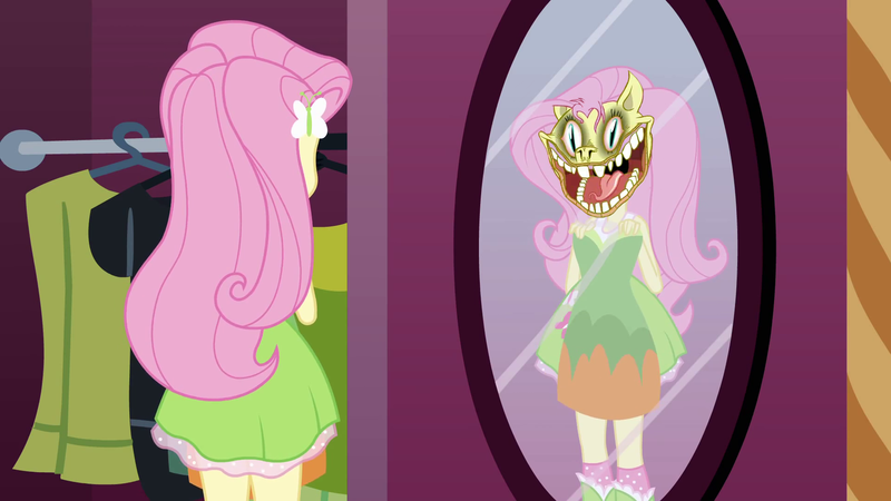 Size: 1920x1080 | Tagged: semi-grimdark, derpibooru import, edit, screencap, fluttershy, .mov, shed.mov, equestria girls, mirror, pony.mov, solo, this is our big night