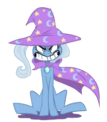 Size: 765x870 | Tagged: dead source, safe, artist:cassettepunk, deleted from derpibooru, derpibooru import, trixie, pony, unicorn, angry, cape, clothes, female, hat, mare, simple background, solo, transparent background, trixie's cape, trixie's hat