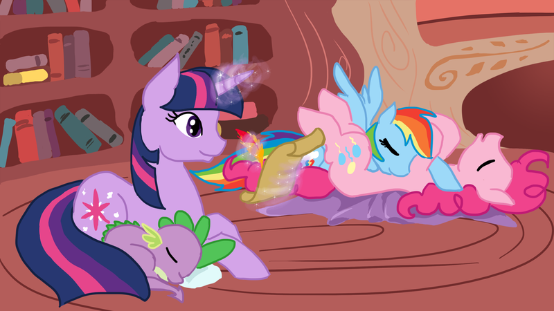 Size: 1366x768 | Tagged: safe, artist:bux, derpibooru import, pinkie pie, rainbow dash, spike, twilight sparkle, book, bookcase, bookshelf, cuddling, eyes closed, female, golden oaks library, lesbian, lying, lying down, magic, on back, pinkiedash, pony pile, prone, scroll, shipping, sleeping, smiling, snuggling, spread wings, writing