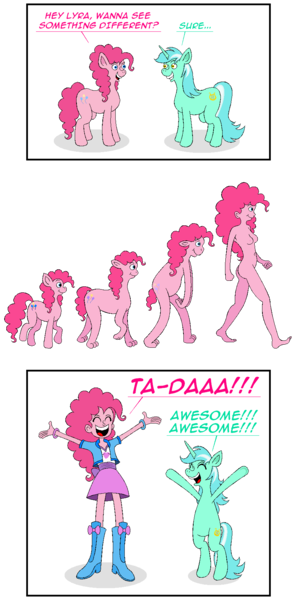 Size: 850x1720 | Tagged: questionable, artist:hellarmy, derpibooru import, lyra heartstrings, pinkie pie, human, pony, unicorn, equestria girls, bipedal, breasts, comic, dialogue, duo, duo female, evolution, evolution chart, eyes closed, female, humanized, image, lesbian, lyrapie, nipples, nudity, open mouth, png, pony to human, sequence, shipping, simple background, solo, solo female, transformation, transparent background, white background