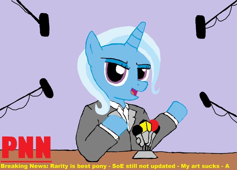 Size: 2048x1468 | Tagged: safe, artist:genevapony, derpibooru import, trixie, pony, unicorn, clothes, female, mare, microphone, news, pnn, solo, suit