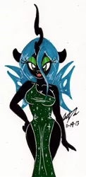 Size: 674x1385 | Tagged: suggestive, artist:newyorkx3, derpibooru import, queen chrysalis, anthro, breasts, busty queen chrysalis, cleavage, clothes, dress, eyeshadow, fangs, female, floppy ears, green eyeshadow, hips, makeup, solo, solo female, traditional art
