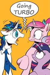 Size: 365x549 | Tagged: safe, derpibooru import, idw, princess cadance, shining armor, twilight sparkle, pony, unicorn, andrew francis, dialogue, exploitable meme, female, filly, floppy ears, looking at each other, max steel, meme, necktie, open mouth, orange background, raised hoof, screaming armor, shrunken pupils, simple background, turbo, voice actor joke, younger