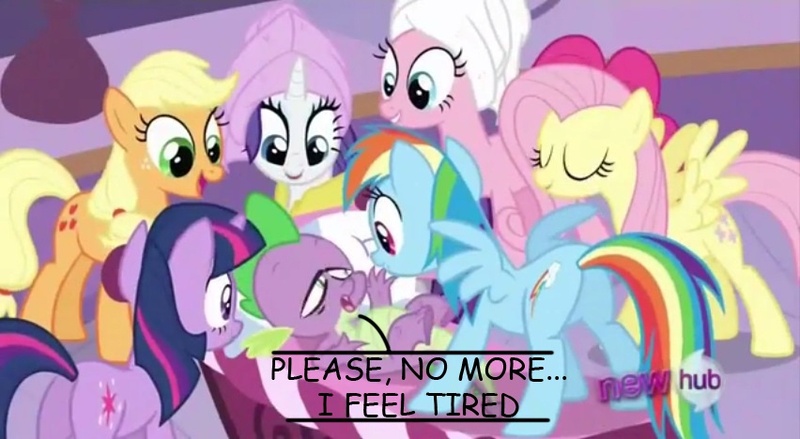 Size: 852x468 | Tagged: safe, derpibooru import, edit, edited screencap, screencap, applejack, fluttershy, pinkie pie, rainbow dash, rarity, spike, twilight sparkle, dragon, earth pony, pegasus, unicorn, ponyville confidential, butt, caption, eyes closed, female, harem, hub logo, male, mare, plot, spike gets all the mares