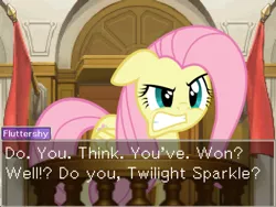 Size: 800x600 | Tagged: ace attorney, courtroom, crossover, dahlia hawthorne, dialogue, fluttershy, safe, solo, witness