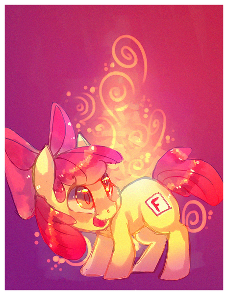 Size: 480x620 | Tagged: safe, artist:cappydarn, derpibooru import, apple bloom, earth pony, pony, bow, cutie mark, f, female, filly, hair bow, looking back, open mouth, smiling, solo