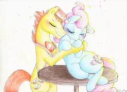 Size: 1053x765 | Tagged: safe, artist:prettypinkpony, derpibooru import, carrot cake, cup cake, blushing, carrot cup, eyes closed, female, hug, love, male, shipping, smiling, snuggling, straight, table, the cakes, traditional art
