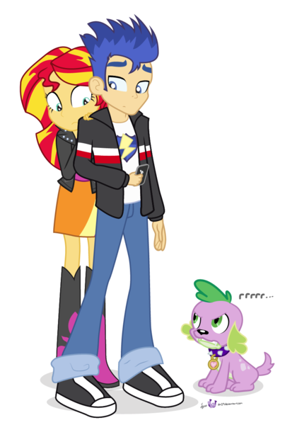 Size: 875x1250 | Tagged: safe, artist:dm29, derpibooru import, flash sentry, spike, sunset shimmer, dog, human, equestria girls, female, flashimmer, growling, humanized, male, mobile phone, scared, shipping, simple background, spike the dog, straight, transparent background