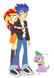 Size: 875x1250 | Tagged: safe, artist:dm29, derpibooru import, flash sentry, spike, sunset shimmer, dog, human, equestria girls, female, flashimmer, growling, humanized, male, mobile phone, scared, shipping, simple background, spike the dog, straight, transparent background