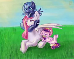 Size: 2000x1600 | Tagged: artist:krololo, filly, grass, pink-mane celestia, princess cadance, princess celestia, princess luna, safe, sleeping, woona, younger