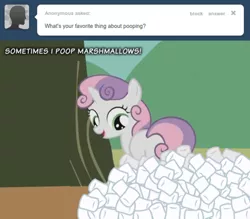 Size: 500x438 | Tagged: crap, derpibooru import, excrement, food, marshmallow, not salmon, plot, pooping, safe, solo, sweetie belle, sweetie belle is a marshmallow too, sweetiepoo, tumblr, wat