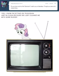 Size: 500x648 | Tagged: derpibooru import, safe, saturday, solo, sweetie belle, sweetie poo, sweetiepoo, television, tumblr