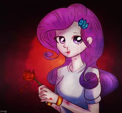 Size: 904x836 | Tagged: semi-grimdark, artist:crocelif, derpibooru import, rarity, equestria girls, blood, breasts, female, flower, solo