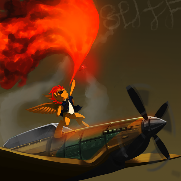 Size: 6000x6000 | Tagged: safe, artist:dimfann, derpibooru import, spitfire, pony, absurd resolution, awesome, badass, bipedal, epic, fighter, fire, flare, literal, namesake, plane, pun, solo, spitfiery, supermarine spitfire, visual pun