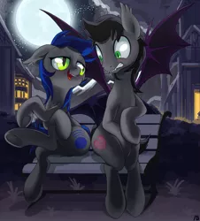 Size: 1155x1280 | Tagged: safe, artist:stoic5, derpibooru import, edit, oc, oc:aux, oc:hekesuh, unofficial characters only, bat pony, pony, bedroom eyes, bench, blushing, fangs, featureless crotch, femboy, floppy ears, frown, gay, gritted teeth, image, lip bite, male, moon, night, open mouth, png, sitting, slit eyes, smiling, spread wings, stallion, trap, underhoof, wide eyes, wingboner