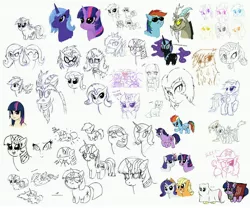 Size: 5000x4168 | Tagged: safe, artist:mixermike622, derpibooru import, applejack, discord, fluttershy, gilda, lyra heartstrings, nightmare moon, pinkie pie, princess celestia, princess luna, rainbow dash, rarity, trixie, twilight sparkle, vinyl scratch, ghost, gryphon, human, absurd resolution, book, brush, clothes, cookie, costume, flying, hat, headband, hug, humanized, light skin, magic, mane six, pirate, sketch dump, sunglasses, sweat