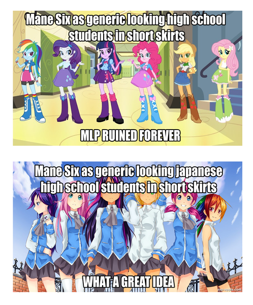 Size: 900x1084 | Tagged: safe, derpibooru import, applejack, fluttershy, pinkie pie, rainbow dash, rarity, twilight sparkle, equestria girls, anime, annabel jean smith, comparison, drama, faith summers, image macro, mane six, polly parks, robin douglas, rosalyn montgomery, starswirl academy, starswirl academy uniform, tai saito