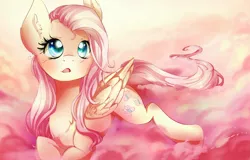 Size: 2500x1600 | Tagged: dead source, safe, artist:dream--chan, derpibooru import, fluttershy, blushing, cloud, cloudy, cute, ear fluff, eye reflection, folded wings, looking up, :o, open mouth, pink cloud, prone, reflection, shyabetes, solo