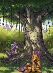 Size: 2516x3504 | Tagged: safe, artist:jowybean, derpibooru import, idw, official, rarity, scootaloo, spike, bedroom eyes, female, gagging, male, shipping, shrine, smiling, sparity, straight, tongue out, tree, tree carving, vine, yawn