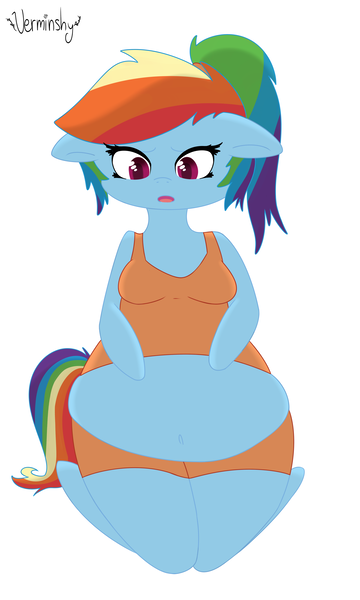 Size: 3000x5000 | Tagged: anthro, artist:verminshy, belly button, big belly, clothes, derpibooru import, fat, muffin top, ponytail, rainblob dash, rainbow dash, safe, solo