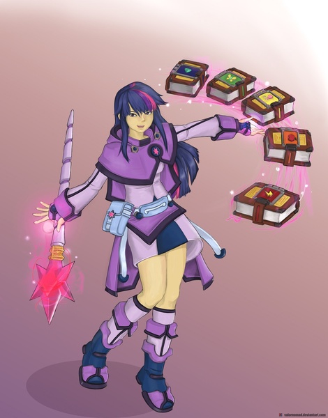 Size: 1350x1725 | Tagged: artist:valornomad, book, derpibooru import, fantasy class, human, humanized, light skin, mage, magic, safe, solo, spellbook, staff, twilight sparkle, weapon