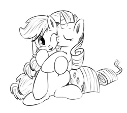 Size: 800x710 | Tagged: safe, artist:xioade, derpibooru import, applejack, rarity, female, grayscale, kissing, lesbian, monochrome, rarijack, shipping