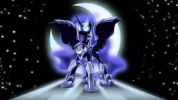 Size: 1920x1080 | Tagged: armor, artist:zedrin, backlighting, derpibooru import, glowing eyes, moon, nightmare moon, safe, solo, wallpaper, warrior luna