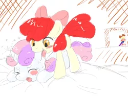 Size: 1040x800 | Tagged: apple bloom, applejack, artist:yajima, bed, blushing, derpibooru import, ear bite, ears, female, foalcon, lesbian, licking, pixiv, rarity, shipping, siblings, suggestive, sweetie belle, sweetiebloom, voyeurism