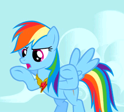 Size: 600x540 | Tagged: air quotes, animated, derpibooru import, keep calm and flutter on, rainbow dash, safe, screencap, solo