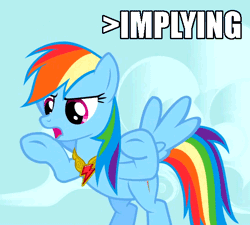 Size: 600x540 | Tagged: air quotes, animated, derpibooru import, edit, edited screencap, element of harmony, image macro, implying, keep calm and flutter on, rainbow dash, safe, screencap, solo