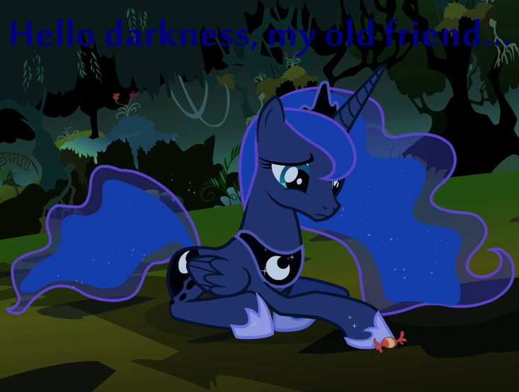 Size: 733x554 | Tagged: blue text, candy, cropped, derpibooru import, edit, edited screencap, food, forest, hello darkness my old friend, image macro, luna eclipsed, princess luna, sad, safe, screencap, simon and garfunkel, solo, song reference, the sound of silence