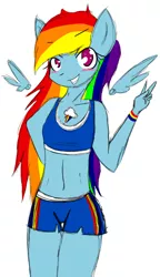 Size: 620x1074 | Tagged: safe, artist:fiji-firefox, derpibooru import, rainbow dash, anthro, belly button, boobie mark, clothes, midriff, peace sign, shorts, solo, sports bra, wristband