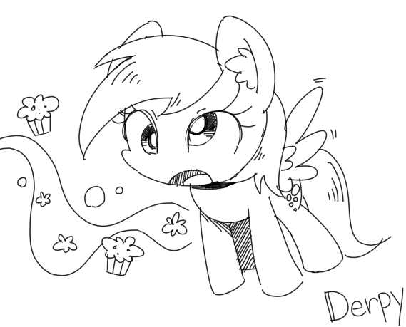 Size: 569x459 | Tagged: safe, artist:30clock, derpibooru import, derpy hooves, pegasus, pony, chibi, cute, ear fluff, female, lineart, mare, monochrome, pixiv, solo