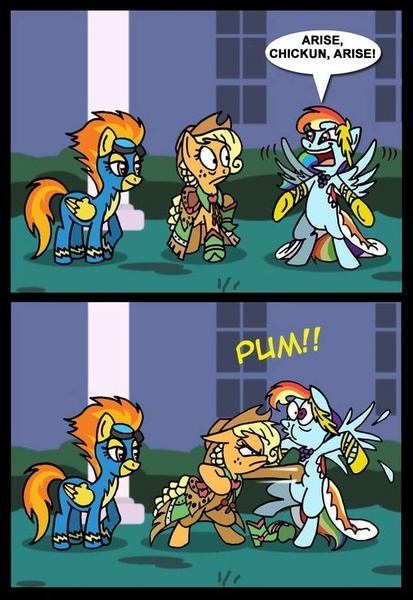 Size: 550x800 | Tagged: abuse, applejack, artist:niban-destikim, chickun, dashabuse, edit, exploitable meme, forced meme, gala meme, meme, punch, rainbow dash, safe, spitfire