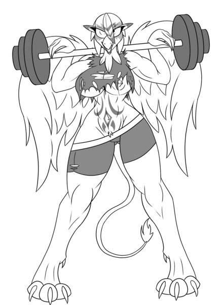 Size: 1280x1755 | Tagged: questionable, artist:lil miss jay, derpibooru import, oc, oc:galena, unofficial characters only, anthro, gryphon, anthro oc, breasts, female, nipples, nudity, solo, solo female, weight lifting, weights