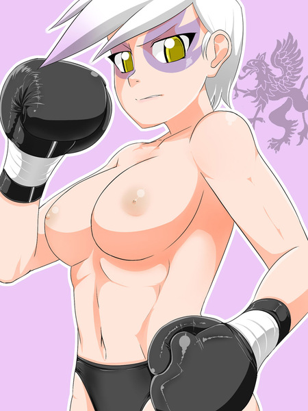 Size: 864x1152 | Tagged: questionable, alternate version, artist:pugilismx, derpibooru import, gilda, human, abs, big breasts, black, black underwear, boxing, boxing gloves, breasts, busty gilda, clothes, female, fit, foxy boxing, humanized, image, jpeg, light skin, nipples, nudity, panties, partial nudity, solo, solo female, sports, sports panties, topless, underwear, white hair