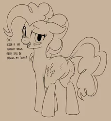 Size: 1276x1393 | Tagged: suggestive, artist:stoic5, derpibooru import, pinkie pie, earth pony, pony, blushing, butt shake, dialogue, dock, drunk, drunkie pie, featureless crotch, female, floppy ears, grayscale, lineart, looking at you, looking back, mare, monochrome, plot, shaking, smiling, solo, solo female, talking to viewer