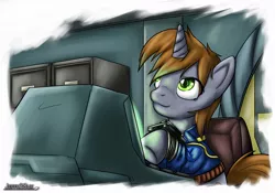 Size: 1200x838 | Tagged: safe, artist:jeffk38uk, derpibooru import, oc, oc:littlepip, unofficial characters only, pony, unicorn, fallout equestria, fanfic, clothes, computer, fanfic art, female, hooves, horn, mare, pipbuck, solo, terminal, vault suit