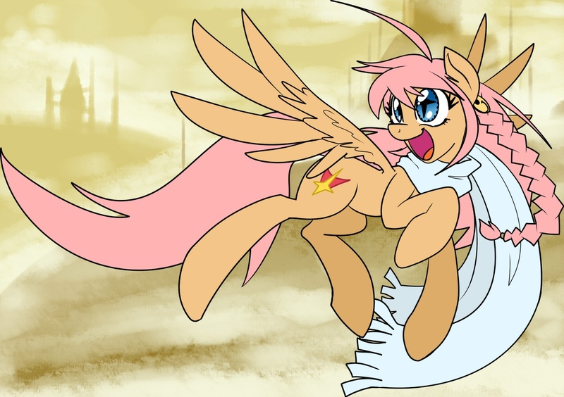 Size: 1406x991 | Tagged: safe, artist:reiduran, derpibooru import, ponified, pegasus, pony, braid, clothes, diebuster, flying, nono, scarf, solo