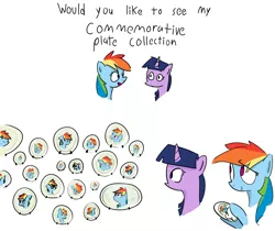 Size: 1204x1013 | Tagged: artist:horsejokes, derpibooru import, duo, dusting, ego, narcissism, plate, rag, rainbow dash, safe, twilight sparkle