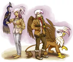 Size: 1280x1073 | Tagged: safe, artist:king-kakapo, derpibooru import, gilda, bird, gryphon, human, ask-radical-gilda, annoyed, badge, breasts, busty gilda, cleavage, clothes, duffle bag, falconry, fingerless gloves, gloves, human ponidox, humanized, image, jeans, light skin, looking at each other, one leg raised, pants, png, radical-gilda, scarf, shirt, short hair, spread wings, winged humanization, wings