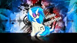 Size: 2560x1440 | Tagged: safe, artist:aloopyduck, artist:celysus, derpibooru import, vinyl scratch, pony, unicorn, abstract background, cutie mark, female, grunge, hooves, horn, mare, reflection, sitting, smiling, solo, sunglasses, text, vector, wallpaper