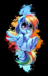 Size: 1224x1920 | Tagged: safe, artist:kaermter, derpibooru import, rainbow dash, pegasus, pony, black background, cute, dashabetes, looking at you, open mouth, simple background, smiling, solo, spread wings, underhoof, wings