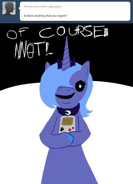 Size: 650x900 | Tagged: artist:poppin, ask, ask loony luna, black sclera, derpibooru import, game boy, loony luna, moon, princess luna, s1 luna, safe, secret message, solo, tumblr