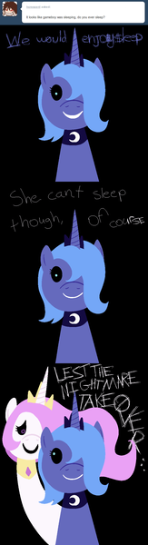 Size: 650x2400 | Tagged: artist:poppin, ask, ask loony luna, black sclera, comic, derpibooru import, loony luna, moon, princess celestia, princess luna, s1 luna, semi-grimdark, tumblr